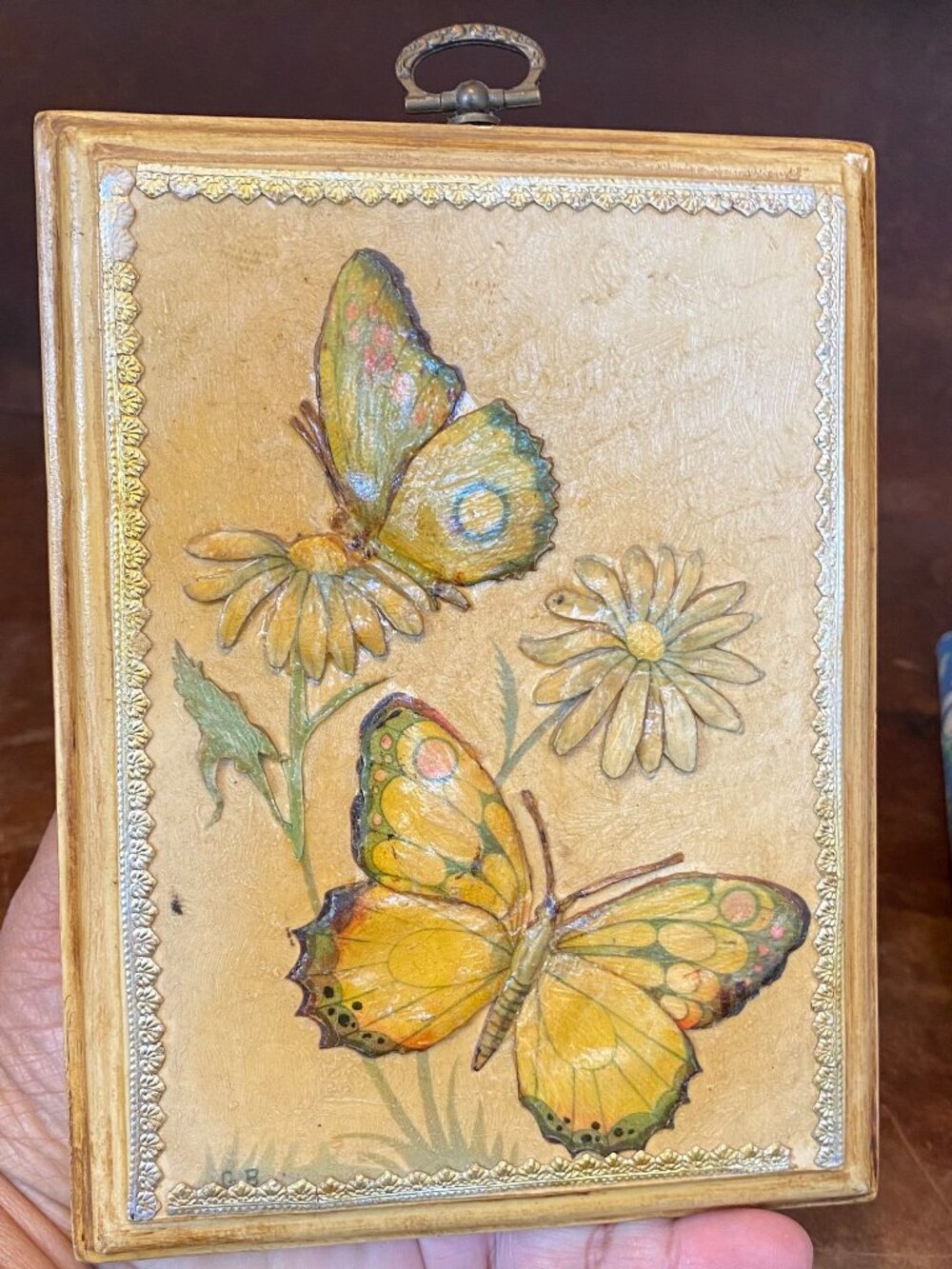 1970s Butterfly Decorative Wall Plaque On Wood Metallic Lace Border Vintage